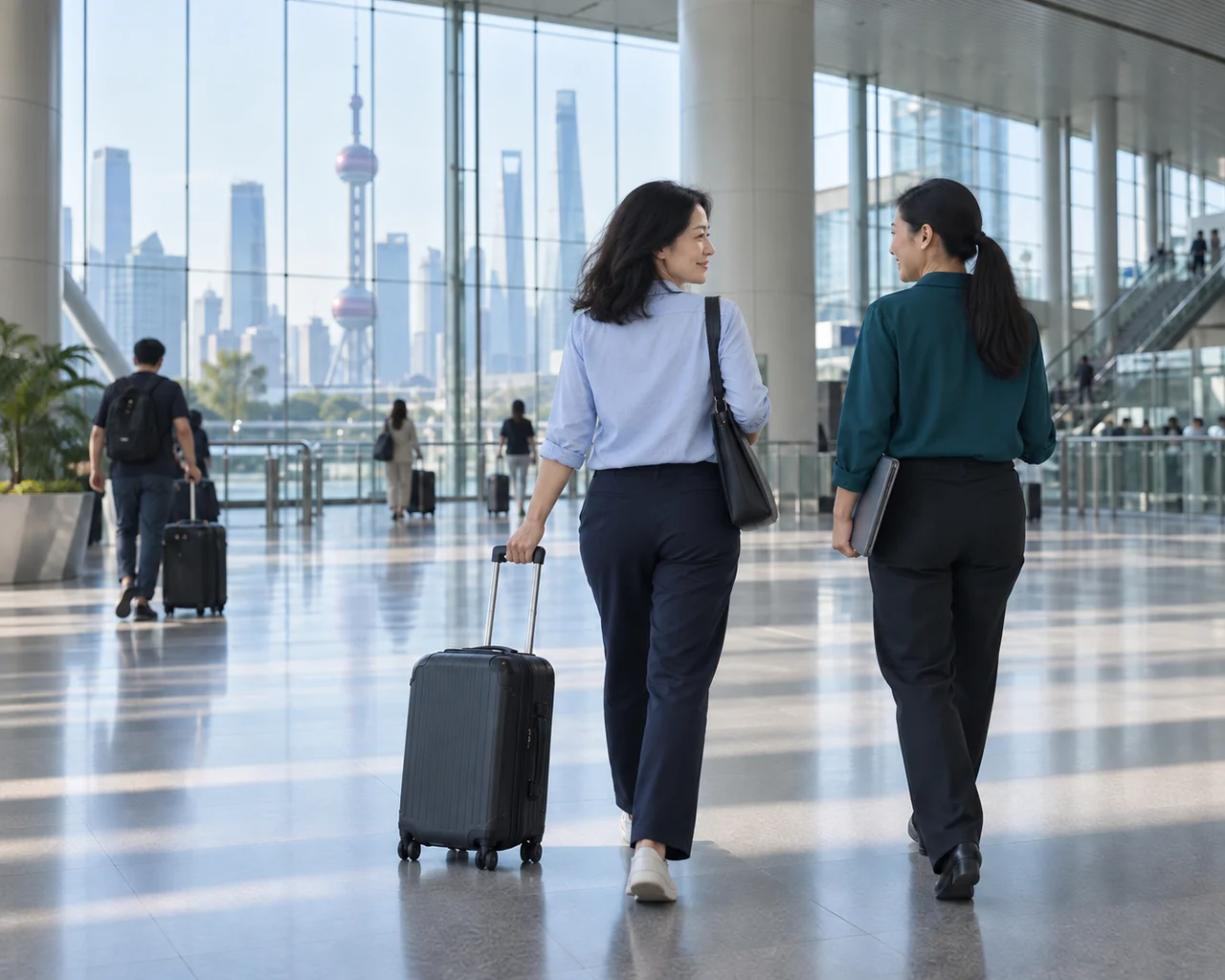 A visitor with a suitcase walking beside a coordinator in a bright Shanghai concourse