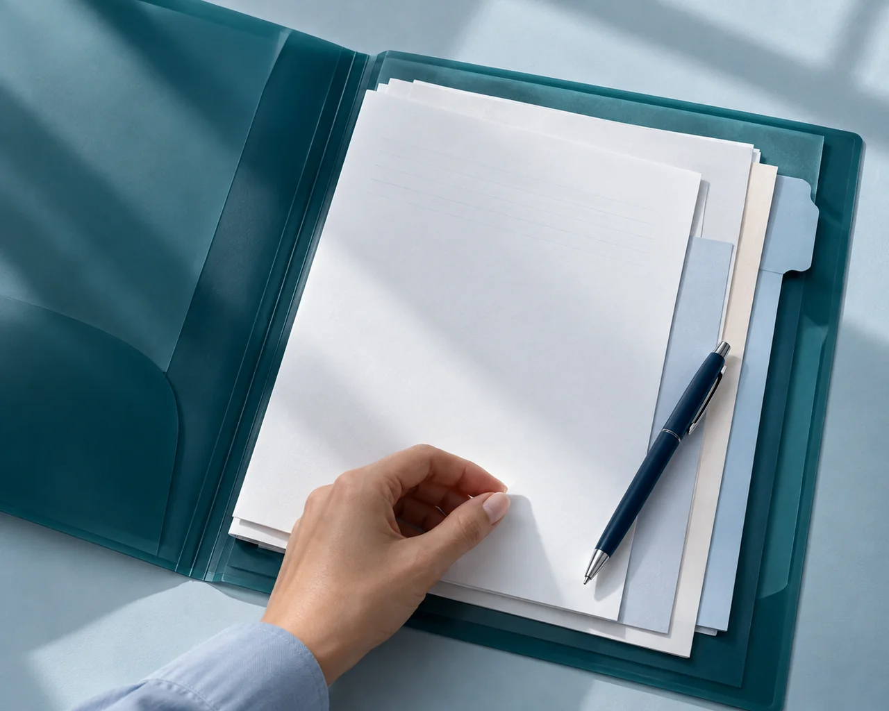 A hand arranging papers inside a teal document folder