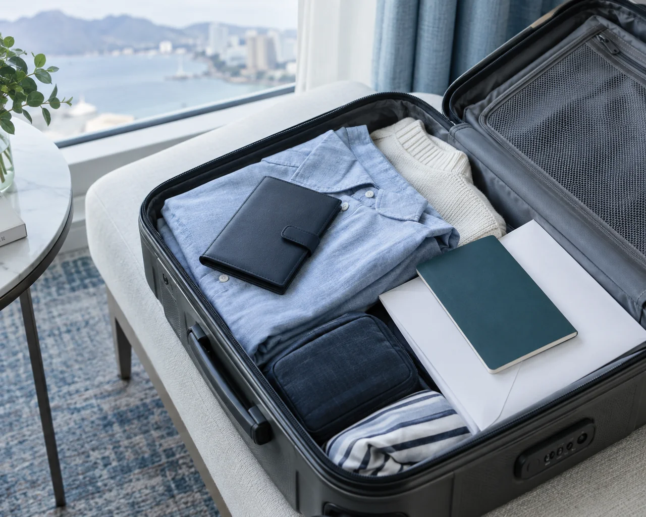 A packed cabin suitcase with a travel wallet and document envelope