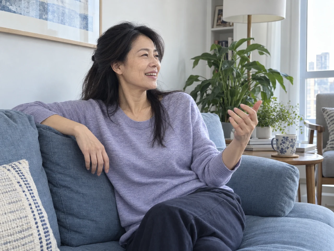 The woman laughing naturally during a relaxed conversation at home