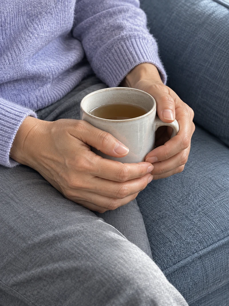 Her hands resting around a ceramic mug during a quiet moment at home