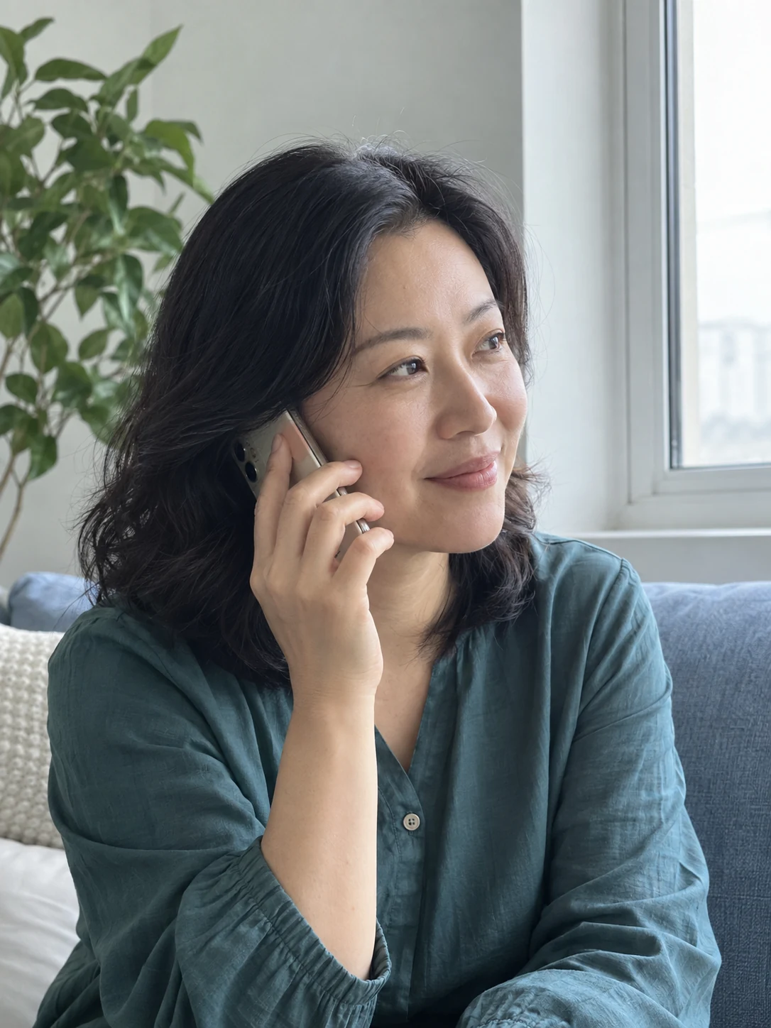 A woman listening attentively during a phone conversation