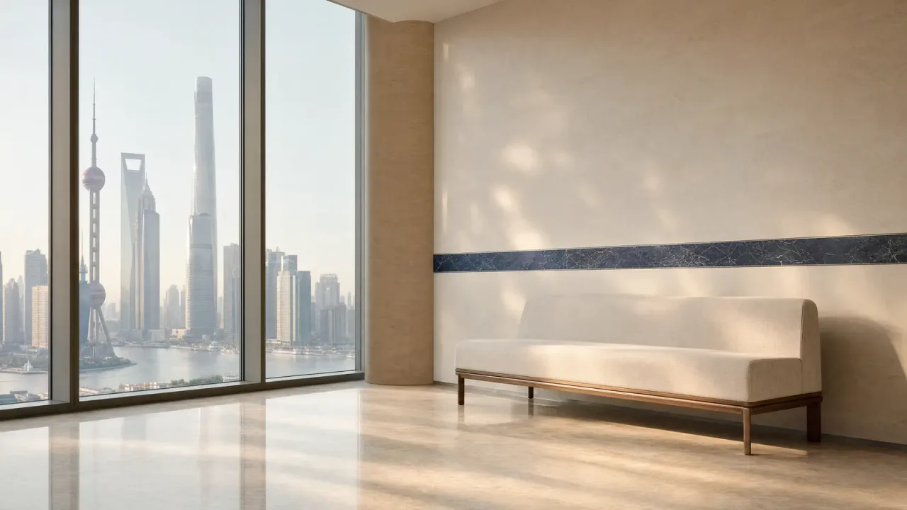 An illustrative reception space overlooking the Shanghai skyline